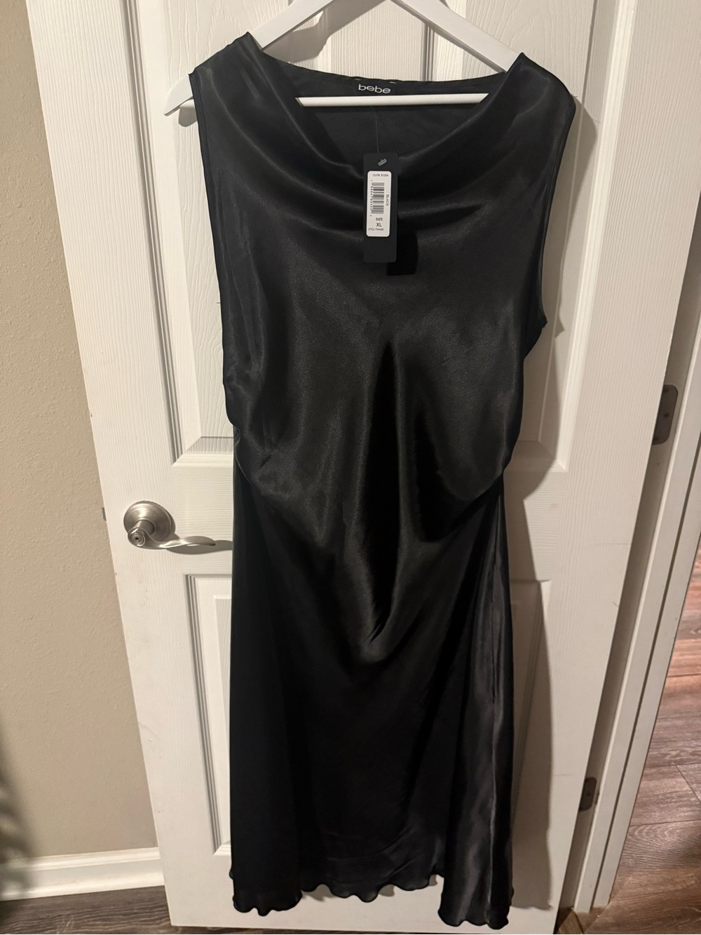 Brand New w/ Tags! bebe Black Satin Cowl Neck Midi Dress! Size: XL